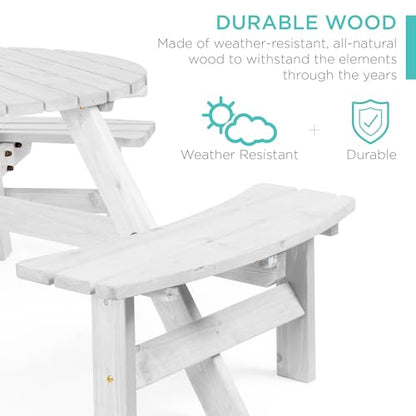 Best Choice Products 6-Person Circular Outdoor Wooden Picnic Table for Patio, Backyard, Garden, DIY w/ 3 Built-in Benches, 500lb Capacity - White - color: White