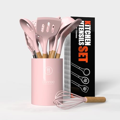 oannao Silicone Kitchen Utensils Set - 446°F Heat Resistant Cooking Utensil Sets, Spatula,Turner,Tongs,Spoon,Whisk, Wooden Handle Silicone Kitchen Gadgets Tools for Non-Stick Cookware BPA Free (Pink) - color: Pink