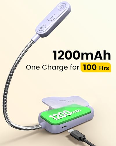 Glocusent 20 LED Reading Lights for Books in Bed, Eye Caring Reading Light, 5 Colors & 5 Brightness 3–100LM Dimmable, 1200mAh Rechargeable Book Light to 90H, Lightweight Clip on Light for Book Lovers - color: Purple
