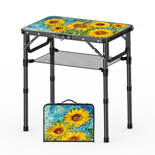 YihuiKo Small Camping Table, Vintage Sunflower Pattern Folding Table, Adjustable Height, Lightweight & Portable Outdoor Picnic Table with Carry Handle for Patio, Living Room, Travel - size: 16"D x 24"W x 27.5"H, style: Starry Night & Sunflowers