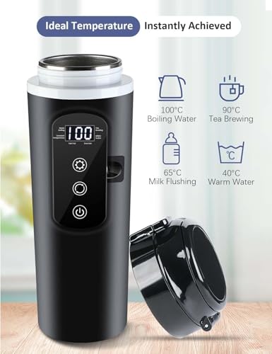 Intelligent 12V Car Electric Kettle with Touchscreen, 13.5oz Travel Kettle, 304 Stainless Steel, Leak-Proof Lid, Variable Temperature (113-212°F) for Coffee, Tea & Milk – Ideal for Trucks, Buses, Cars - color: Black 12V/400ml/S