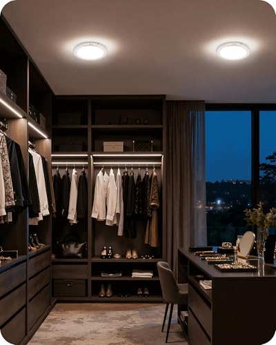 Rechargeable Motion Sensor Ceiling Light with Remote, Wireless Ceiling Light Battery Operated, No Wiring, Magnetic, Dimmable Shower Light, Timer, 3 Color 6000K, Rechargeable Light for Closet Hallway - style: 3 Color Temperatures