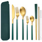 AARAINBOW 6 Pieces Stainless Steel Flatware Set Portable Reusable Cutlery Set Travel Utensils Set Including Chopsticks Knife Fork Spoon Straws Cleaning Brush Dishwasher Safe (B-Green golden) - color: B-Green golden
