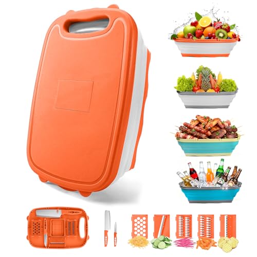 Gintan Camping Cutting Board, 9-in-1 Collapsible Chopping Board with Colander, Kitchen Vegetable Washing Basket for Camping, Camping Gifts Camping Accessories for RV Campers (orange) - color: Orange