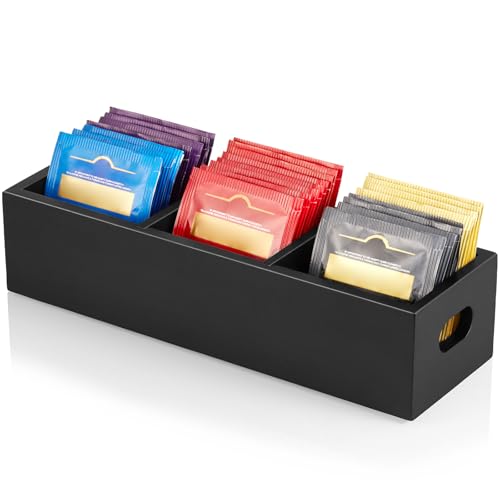 DRASTAR Tea Bag Organizer, Black Wooden Tea Bag Holder, Tea Storage Containers with 3 Slots, Sugar Packet Holder, Tea Bag Caddy Box for Countertop - color: Black, size: 3 Slots