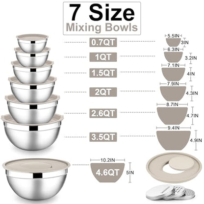E-far Mixing Bowls with Lids Set, 7-Piece Stainless Steel Metal Mixing Bowls with Grater Attachments, Size 4.6, 3.5, 2.6, 2, 1.5, 1, 0.7QT, Nesting Design & Khaki Airtight Lids, For Cooking/Serving - color: Khaki, size: 7 Regular Sizes