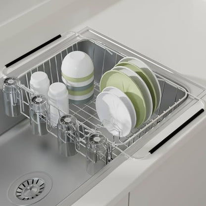 NiuYichee Stainless Steel Dish Drying Rack(15" L X 11" W X 4.1" H), Expandable Drain Rack Over Sink, Dish Drainer Rack in Sink, with Stainless Steel Utensil Holder & 4 Hooks Cup Hanger - size: Large【15 X 11"】