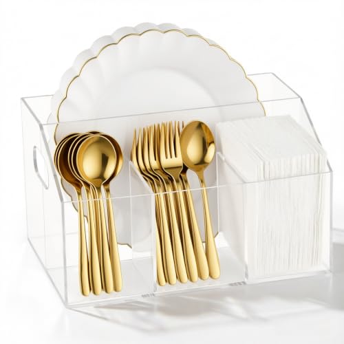 Acrylic Paper Plate Organizer and Dispenser – Plate and Utensil Caddy for Plates, Cups, Napkins and Cutlery, Ideal for Kitchen, Parties, Picnics, Weddings, and Outdoor Events - size: Standard(9 x 6 Inch)
