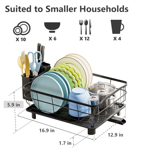 AIDERLY Auto Drain Metal Dish Drying Rack Dish Drainers, All Black | with Draining Tray, Strainer, for Kitchen Counter, Sink - color: All Black