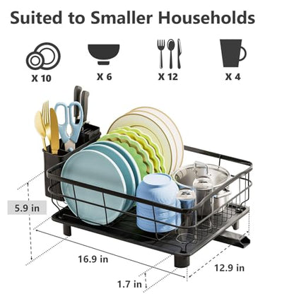 AIDERLY Auto Drain Metal Dish Drying Rack Dish Drainers, All Black | with Draining Tray, Strainer, for Kitchen Counter, Sink - color: All Black