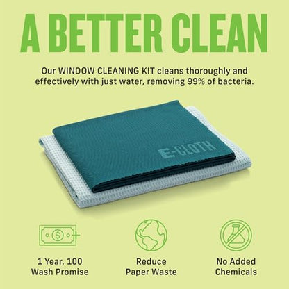 E-Cloth Microfiber Window Cleaning Cloth Kit - Glass Cleaning Cloth for Windows, Mirrors, Cars, Lenses, Eyeglasses, & More, Streak Free Clean, Machine Washable Reusable Towel - Green