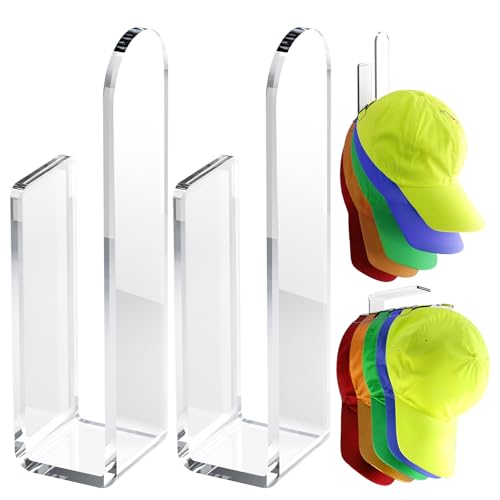 PAVSTINE Acrylic Hat Hook for Wall, 2 Pack Hat Organizer for Baseball Cap, No Drilling Strong Adhesive Hat Rack, Multi-Purpose Sticky Hat Storage Hat Hangers for Wall, Door, Closet, Display, Clear