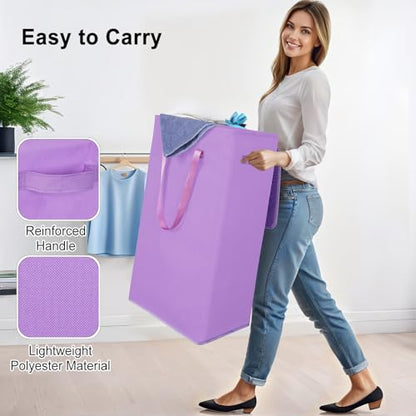 Odonata 75L Slim Laundry Hamper with Lid,Large Foldable Laundry Basket with Removable Bag and Handles Tall Collapsible Dirty Clothes Basket Great for Bedroom, Bathroom, Dorm, College,RV.(Purple, 75L) - color: Purple
