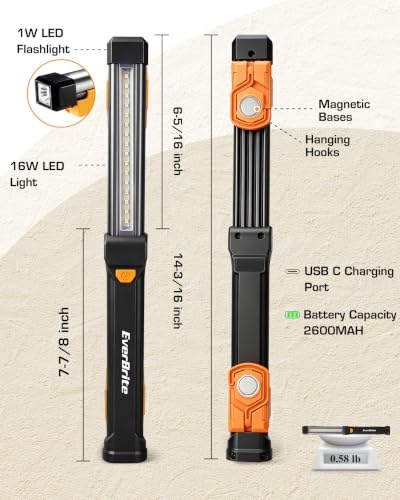 EverBrite 1000LM Magnetic Work Light, Rechargeable LED Mechanic Light with Dual Magnetic Bases & 360° Hanging Hooks, 4 Modes Under Hood Work Light for Car Repair, Garage, Emergency, 1 Pack Black - color: Black