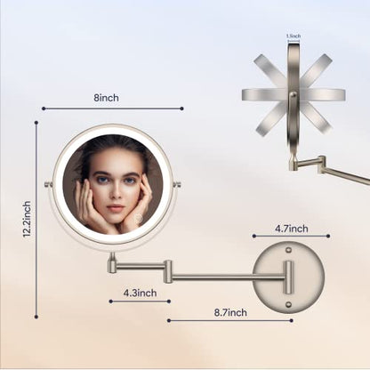 Rocollos Rechargeable Wall Mounted Lighted Makeup Mirror, 8 Inch Double-Sided LED Vanity Mirror 1X/10X Magnification,3 Color Lights Touch Screen Dimmable 360°Swivel 13 Inch Extendable - color: 8 Inch Nickel