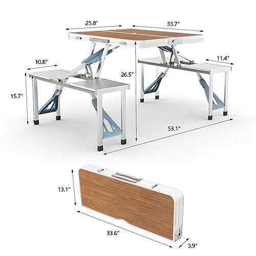 VINGLI 4 Ft Camping Picnic Table Set with 4 Seats with Umbrella Hole Folding Lightweight Suitcase Card Table-220 Lbs Support Aluminum Frame, Plastic RV Tabletop for Barbecue,Travel,Outing,Gathering - color: Natural