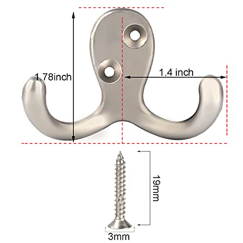 IBosins 10 Pack Heavy Duty Double Prong Coat Hooks Wall Mounted with 20 Screws Retro Double Hooks Utility Hooks for Coat, Scarf, Bag, Towel, Key, Cap, Cup, Hat - color: 10 Pcs Silvery