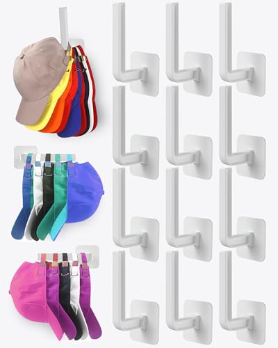 Hat Rack for Hat Storage (12-Pack), Multi-Purpose Hat Organizer, Strong Adhesive Hat Hooks for Wall Hat Organizer for Baseball Caps, Two Mounting Options Hat Hook, White - color: White, style: 12-pack