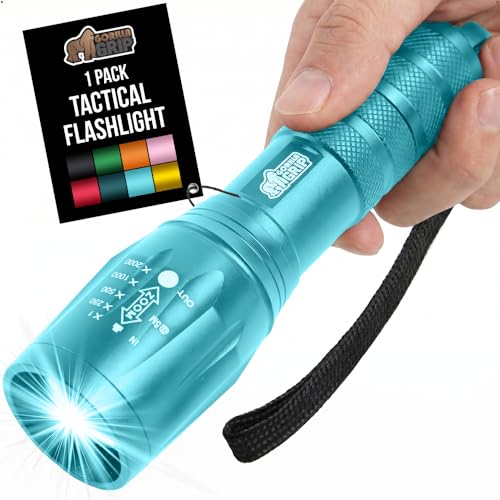 GORILLA GRIP Powerful LED Tactical Flashlight, 750 FT High Lumens 5 Adjustable Modes, Water Resistant, Ultra Bright Zoom Flashlights, Small Mini Flash Light, Camping, Night Dog Walking, Turquoise - color: Turquoise