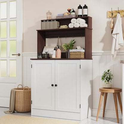 MHOM Farmhouse Bar Cabinet with Storage, Coffee Station Cabinet with 5 Hooks, Small Coffee Bar for Kitchen & Living Room, Antique White - color: White