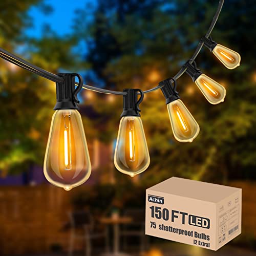 Achin Outdoor String Lights 150FT LED ST38 Edison Vintage String Lights Outdoor Dimmable Warm 2200K with 75 Shatterproof Bulbs Plastic String Lights Waterproof for Patio Bistro Gazebo Lights - color: ST38-Black-2200K, size: 150FT 73 Bulbs