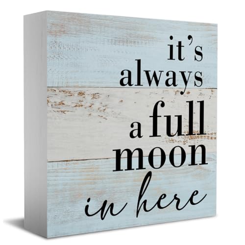 HTBIG Funny Bathroom Decor Sign It's Always a Full Moon in Here, Desk Decor Rustic Wood Block Plaque Box Sign, for Home Farmhouse Office Restroom Toilet Shelf Table Decoration Gifts - color: Multi620