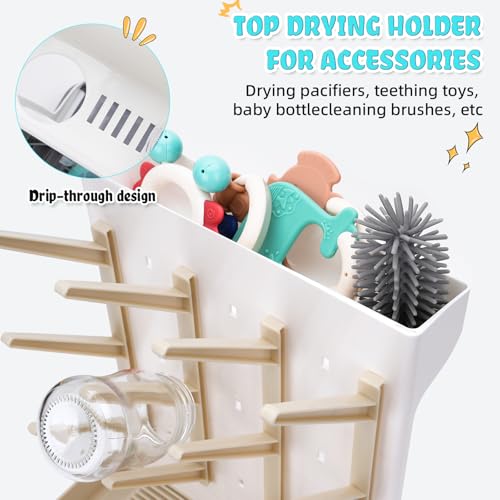 Baby Bottle Drying Rack: Space Saving Vertical Bottle Drying Holder with Brushes Holder - Large Bottle Storage Holder Organizer 12 Bottles & Baby Accessories,BPA-Free, Beige - color: Beige