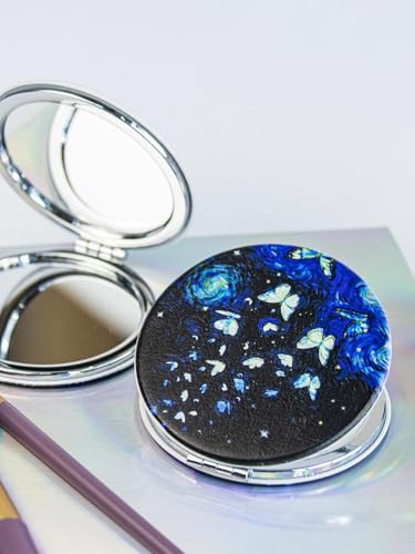 OMIRO 1X/10X Compact Magnifying Mirror, Unique Painting Pocket Mirror with Classical PU Leather (Round, Butterfly) - color: Butterfly