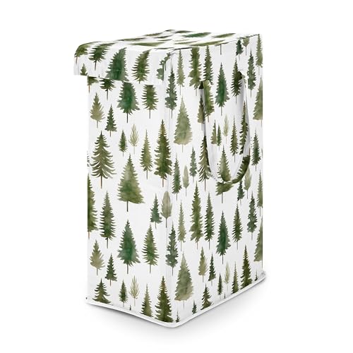 Sweet Jojo Designs Laundry Hamper (Sage Green Woodland) for Boys and Girls, Foldable Dirty Clothes Basket with Handles for Baby Nursery, Kids Bedroom, Teen Bathroom (Forest Themed, Watercolor Trees) - color: Pine Tree