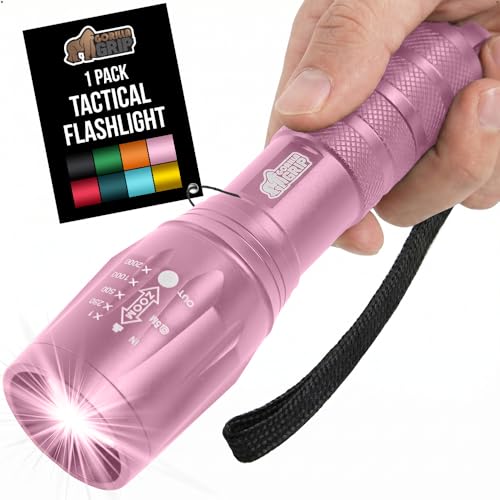 GORILLA GRIP Powerful LED 750 FT Water Resistant 5 Adjustable Mode Tactical Flashlight, High Lumens Ultra Bright Battery Life Zoom Flashlights, Small Camping Car Mini Flash Light Accessories, Pink - color: Pink