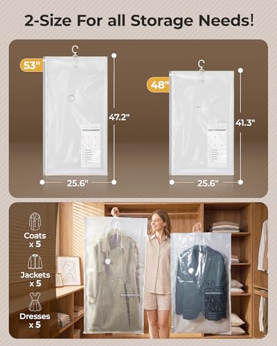 BAGSMART 6 Pack Hanging Vacuum Storage Bags for Clothes, Space Saver Bags for Closet Organization, Air-tight Vacuum Sealer Bags for Heavy Coats, Suits, Dresses, Jackets, Hand Pump Included - size: 6 Combo Hanging