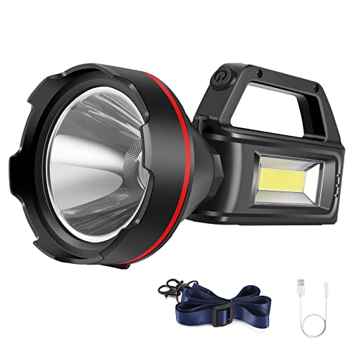 Rechargeable Spotlight Flashlight, High Lumens Handheld Spotlight,LED Searchlight with Shoulder Strap and USB Output for During Hurricane,Emergency, Storms, Outages,Hunting , Hiking, Camping(Black1) - color: Black1