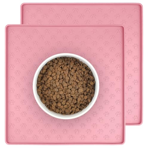 2 Pack Pet Placemat for Dog and Cat, Waterproof Non-Slip Silicone Feeding Bowl Mat Prevent Food and Water Overflow, Puppy Dish Feeder Fountain Trays Suitable for Medium and Small Pets, Pink - color: Pink, size: 11.8"L x 11.8"W - 2 Pack