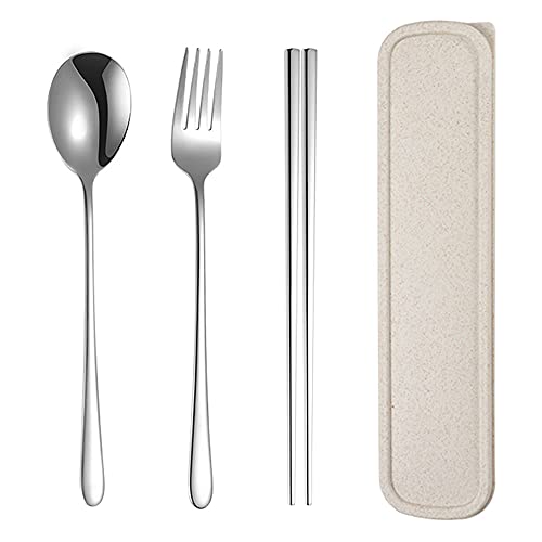 Xihuimay 3pcs Stainless Steel Chopsticks Fork Spoon Set with Travel Case Non-Slip Tabeware Pack Metal Portable Flatware Set Utensils Chinese Japanese Korean for Cooking Eating Dishwasher Safe, White