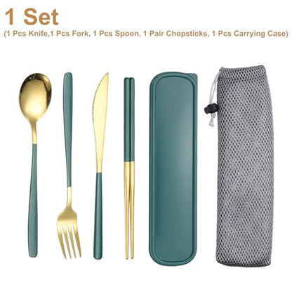 uxcell Travel Utensils with Case, Stainless Steel Portable Silverware, Green/Gold - color: Green/Gold