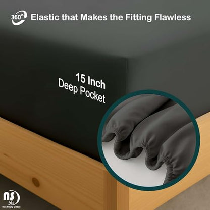 NON Sticky cotton 4 Piece Premium Egyptian Cotton Full Bed Sheet Set, 15" Deep Pocket Fitted, Easy Care, Soft Sheets for Bedroom and Home Mattress, 54" x 75", Dark Grey Solid - color: Dark Grey Solid, size: Full
