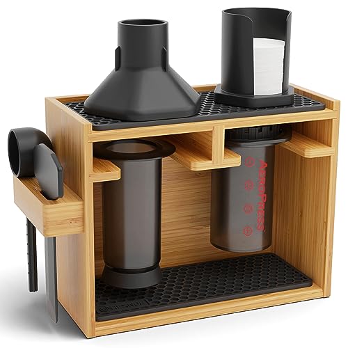 HEXNUB Organizer Stand for AeroPress Bamboo Coffee Caddy Original Black | Handmade Coffee Caddy with Filter Holder, Mug Storage Rack, Accessory Station and Silicone Drip Mats - color: Original - Black Mats