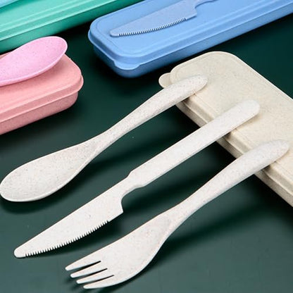 Wheat Straw Utensils Set with Case, Reusable Travel Cutlery Set with Spoon Fork Knife, BPA-Free Portable Flatware for Camping, Hiking & Picnic (Beige) - color: Beige