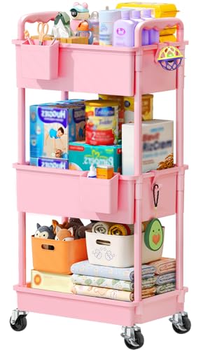 SUNALLY Baby Diaper Caddy Cart, 3 Tier Rolling Diaper Cart with Lockable Wheels for Nursery Essentials, Large Capacity & Easy Assemble Diaper Storage Organizer for Newborn,New Mom, Pink - color: Pink
