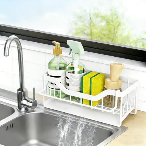 Sponge Holder for Kitchen Sink - Auto Draining Sink Caddy Organizer with Detachable Rag Rack, Kitchen Countertop Storage Accessories - color: White