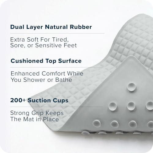 SlipX Solutions Pillow Top Cushioned Bath Mat, Non Slip Comfort Underfoot, 700 Air-Filled Pillows, Soft Shower Mat, Strong Suction Cups, Gray, 27" x 15.5"