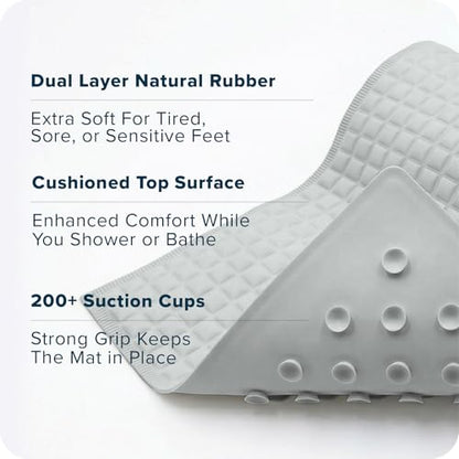 SlipX Solutions Pillow Top Cushioned Bath Mat, Non Slip Comfort Underfoot, 700 Air-Filled Pillows, Soft Shower Mat, Strong Suction Cups, Gray, 27" x 15.5"