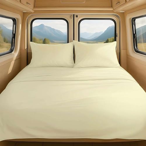 NON Sticky cotton 4 Piece Premium Egyptian Cotton RV Short Queen Sheet Set, 15" Deep Pocket Fitted, Soft, Easy Care, Camper Bedding Sheets for Bunks and Motorhomes, 60" x 75", Ivory Solid - color: Ivory Solid, size: Short Queen