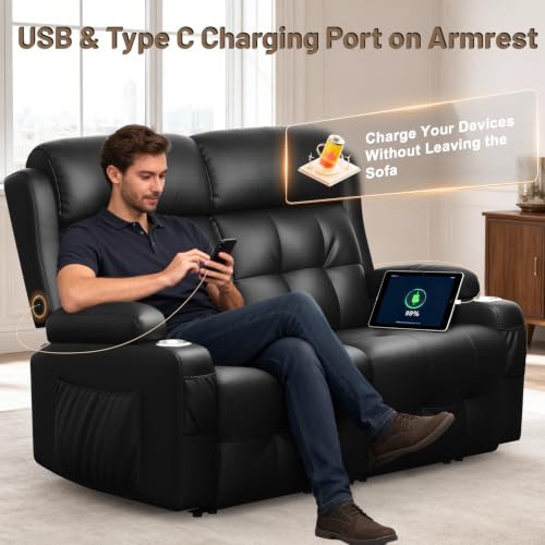 Reclining Loveseat, 55.1" RV PU Leather Wall Hugger Recliner Love Seats Sofa with Charging Station, Removable Armrest, Cup Holder, Double Recliners Couch, Manual Love Seat for Living Room - color: Midnight Black, size: Hera - Loveseat