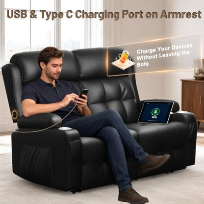 Reclining Loveseat, 55.1" RV PU Leather Wall Hugger Recliner Love Seats Sofa with Charging Station, Removable Armrest, Cup Holder, Double Recliners Couch, Manual Love Seat for Living Room - color: Midnight Black, size: Hera - Loveseat