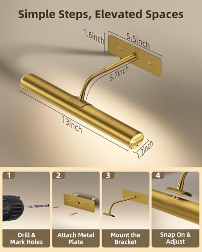 EZVALO 13in Picture Light for Wall, 4000mAh Rechargeable Art Light with Remote, RGB & 3 Color Temps, Battery Operated Wall Light for Paint, Photo - 2 Pack - color: RGB Gold