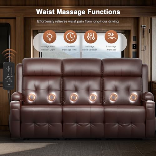 RV Loveseat Recliner Sofa, 3 Seat Wall Hugger Massage Reclining RV Couch with USB, Insert Pockets, Cup Holders, 150° RV Recliners Sleeper Sofa for RV Furniture & Home Theater Seating - color: Brown, size: 3 Seat-G1