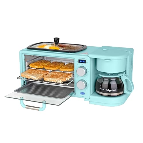 Nostalgia 3-in-1 Retro Breakfast Station - Includes 5 (4 Oz) Cup Coffee Maker, Non-Stick Ceramic Griddle, and 4-Slice Toaster Oven - Built-In Timer, Reusable Coffee Filter, Space-Saving Design - Aqua - color: Aqua, style: Modern Retro