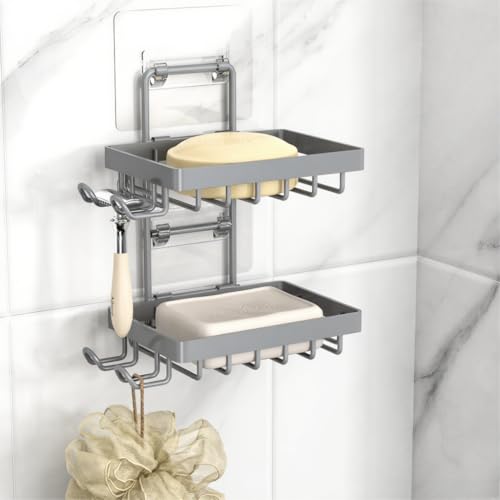 Moforoco Grey Double Soap Bar Holder for Shower, No Drilling, 304 Rustproof Stainless Steel, Wall Mounted Soap Holder with 4 Hooks and Razor Holder, Shower Rack Soap Tray Bar Soap for Bathroom - color: Grey, size: 2-T Adhesive