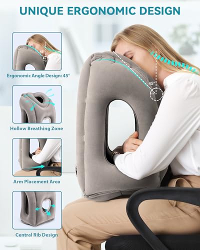 Inflatable Travel Pillow, Airplane Neck Pillow Comfortably Supports Head and Chin for Airplanes, Trains, Cars Office Napping on The Tray Table (Grey) - color: Grey(upgraded)
